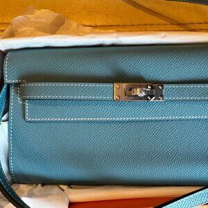 NEW Hermes Kelly To Go Epsom Calfskin Blue Jean Color Clutch Bag Wallet